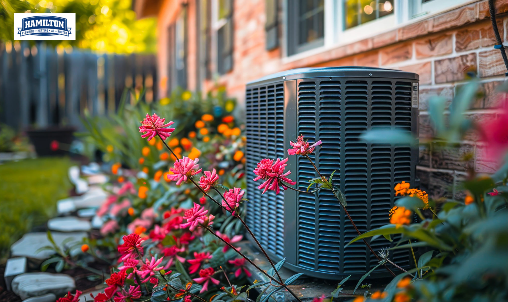 New HVAC system sits outside a home, surrounded by landscaping and flowers
