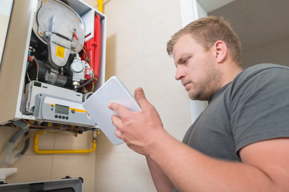 Technician reviewing an HVAC inspection checklist while servicing an indoor heating system.