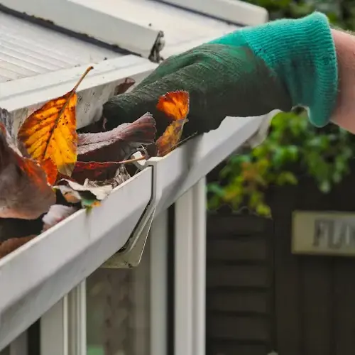 a hand cleaning a full gutter