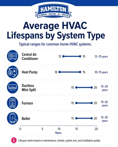 Average HVAC Lifespans by System Type. Typical ranges for common home HVAC systems. Central air conditioner: 12-15 years; heat pump: 10-15 years; ductless mini-split: 15-20 years; furnace: 15-20 years; boilers: 15-20 years.